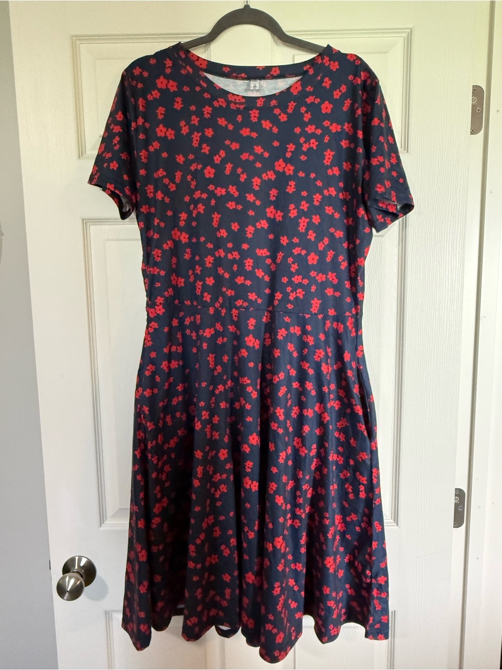 Floral Navy Short-Sleeve Fit & Flare Dress with Red Blossom Print